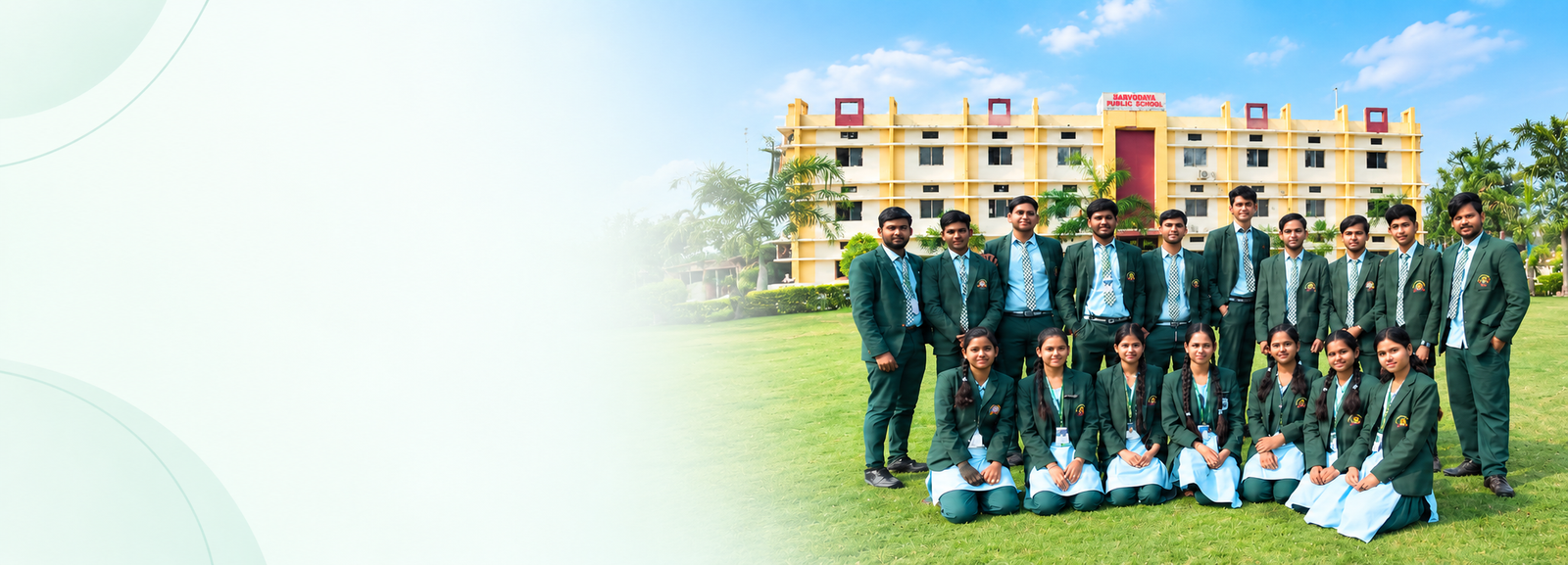 Sarvodaya Public School students in green blazers on the campus lawn